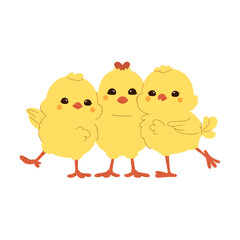 Cute vector illustration of three adorable yellow chicks standing together. Perfect for Easter, spring, children's designs, and farm-themed projects.