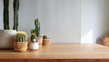 Copy space and decorations with cactus pot, plant pot and vase on the table in living room