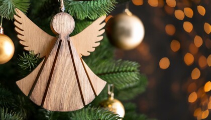 wooden angel hanging on christmas tree close up