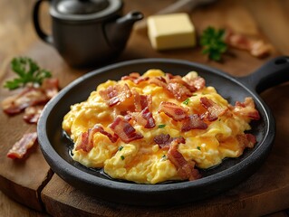 Delicious Breakfast Omelette with Cheese, Bacon, and Fresh Herbs in a Cast Iron Skillet - Perfect Morning Meal Garnished with Fresh Parsley and Slice of Butter for a Gourmet Brunch Presentation