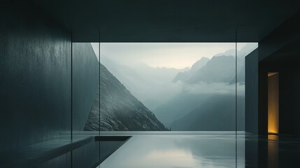 Interior space frames a beautiful view of misty mountain ranges