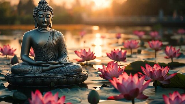 Serene buddha statue nestled among vibrant lotus blossoms in a tranquil pond bathed in the warm hues of the setting sun peace and meditation