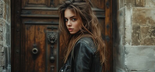 Fototapeta premium Mysterious Gaze, A captivating portrait of a young woman in urban setting