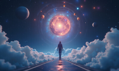Fototapeta premium Woman Walks Towards Cosmic Nebula - Surrealism
