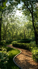 Obraz premium Winding path, sunlit forest, tranquil scene, nature escape
