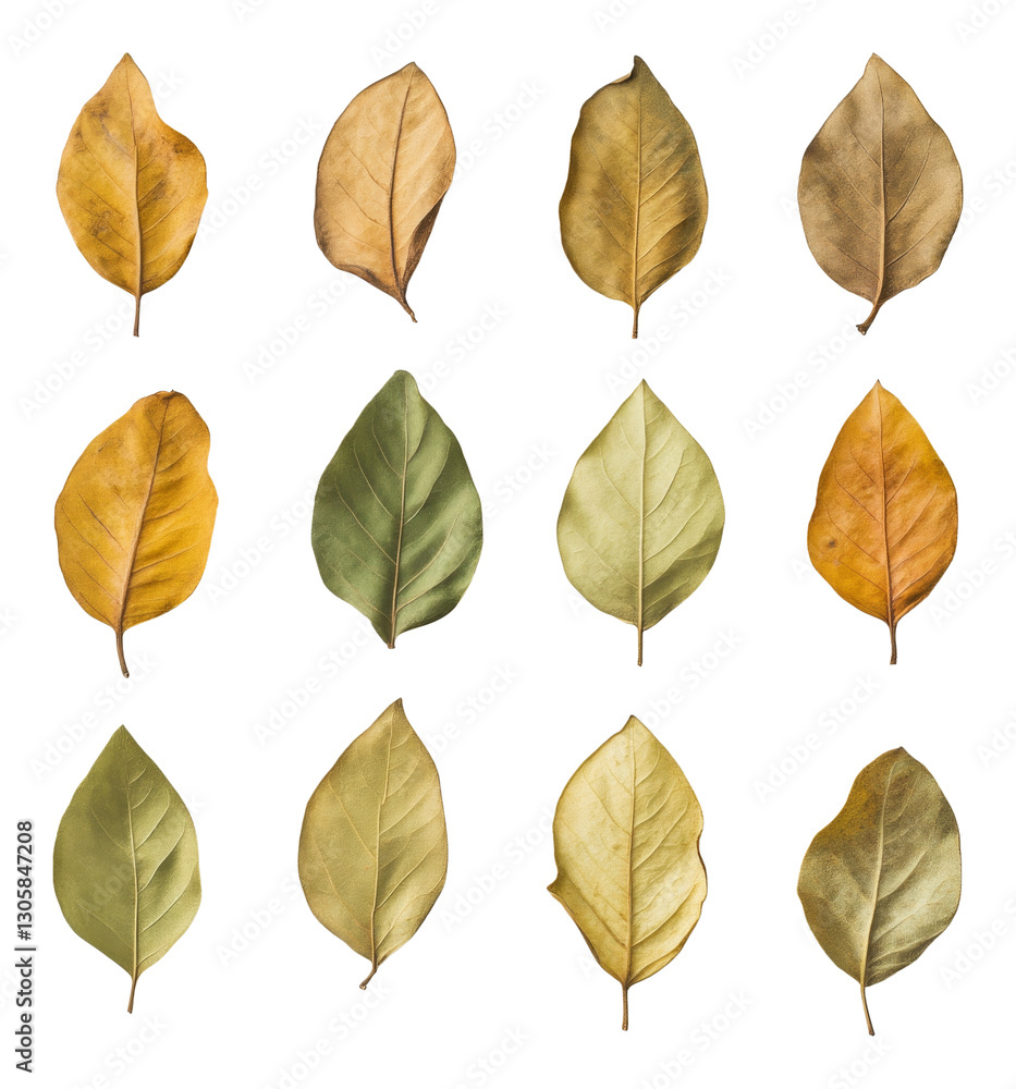 Poster various colored leaves arranged in a grid pattern on transparent background. nature concept
