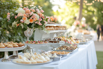 Elegant baby shower brunch with floral decor and gourmet buffet spread