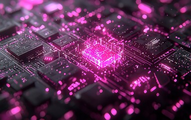 Obraz premium Futuristic Circuit Board: Glowing Pink Microchip