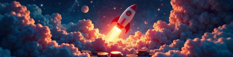 Coins swirling around a launching rocket in space, financial, industrial