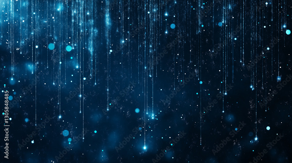 Poster digital rain in abstract space: a mesmerizing digital display of blue-toned particles cascade downwa