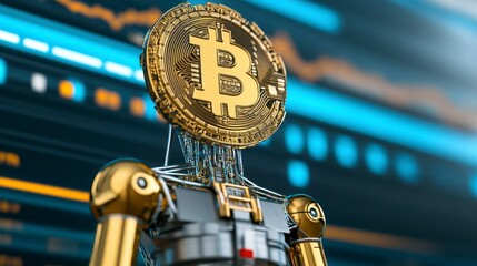 Golden Robot with Bitcoin Symbol in Digital Financial Environment