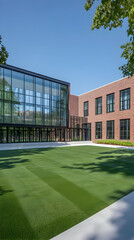 Modern school courtyard, sunny day