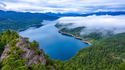 Obraz premium Serene Aerial View of Lake Surrounded by Lush Green Forests and Mountains