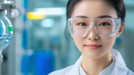 Fototapeta premium Female Scientist in Laboratory Wearing Safety Goggles and White Coat