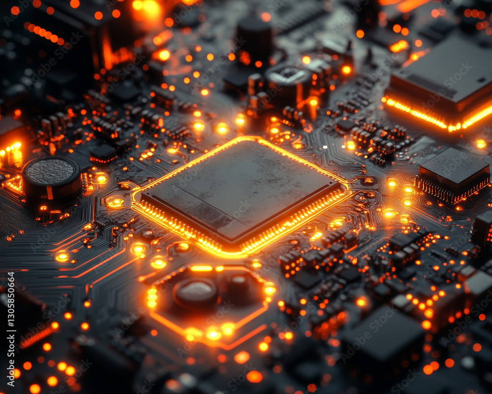 Poster advanced circuit board with glowing pathways, showcasing electronic components