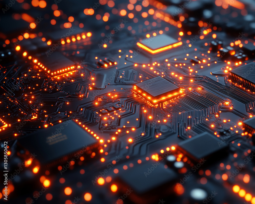Poster advanced circuit board with glowing pathways, showcasing electronic components
