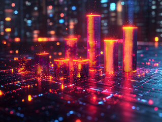 Fototapeta premium Digital financial chart with glowing bars and city background