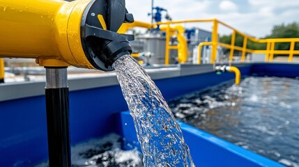 Water Flowing From Industrial Pipe at Water Treatment Facility