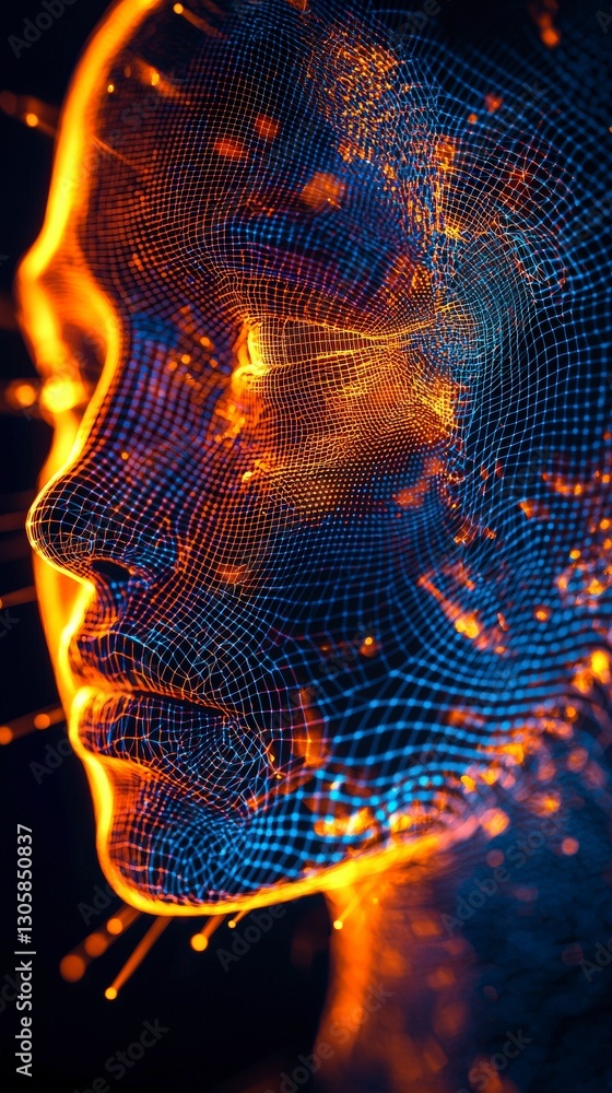 Poster illuminated facial mesh in abstract digital array