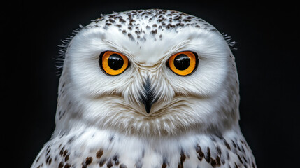 Obraz premium A mesmerizing white owl with piercing golden eyes, close-up portrait capturing intricate feather details, dramatic lighting enhancing the bird's mysterious presence