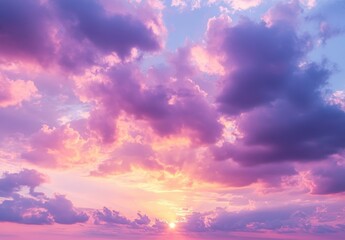 Stunning Sunset Sky with Colorful Clouds in Shades of Pink, Purple, and Blue Over the Horizon at Twilight During Golden Hour