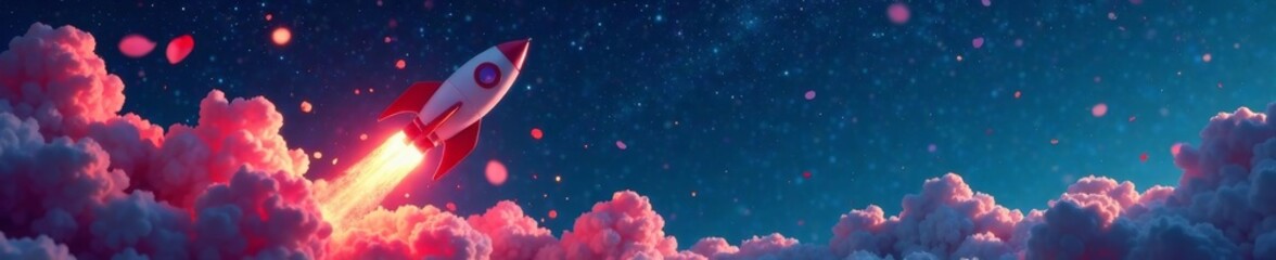 Elegant rocket with delicate flower petals surrounding its body and a starry night sky in the background, flowers, orbit