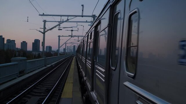 Dynamic video of a train moving on elevated tracks at dusk, captured from a side angle, showcasing urban skyline reflections on windows.
