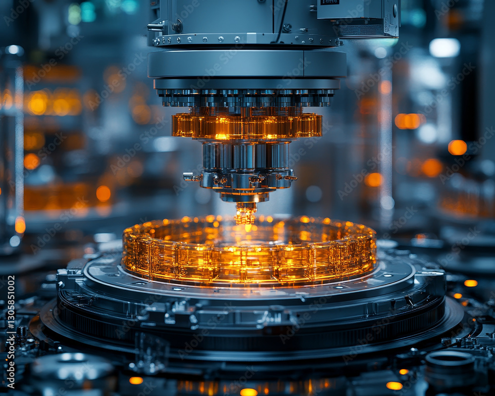 Poster high tech micro assembly factory with advanced machinery and glowing components