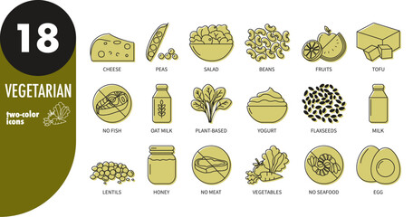 Vegetarian diet thin line icons set with green fill. Plant-based, fruits, vegetables, beans, peas, tofu, salad, oat milk, flaxseeds, lentils, no meat, no fish, no seafood, vector illustration