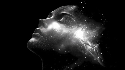 Futuristic digital human face with cosmic particles generative ai image. Cosmic - Galaxy. Illustration
