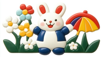 Happy Cartoon Bunny with Flowers and Umbrella in Colorful Design