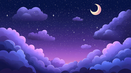 Night sky painting featuring clouds and stars dreamy purple space wallpaper with a cute abstract celestial theme cartoonish magical evening gradient in vector format. Cosmic - Galaxy. Illustration