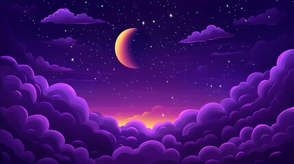 Night sky painting featuring clouds and stars dreamy purple space wallpaper with a cute abstract celestial theme cartoonish magical evening gradient in vector format. Cosmic - Galaxy. Illustration