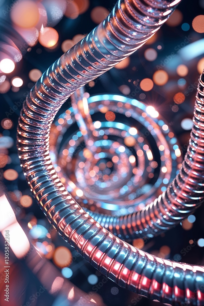 Poster intricate spiral of glowing metallic coils creating a futuristic visual effect in a dark setting