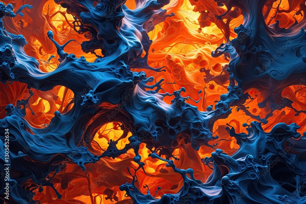 Poster chaotic abstract background of fluid forms in fiery orange and deep blue