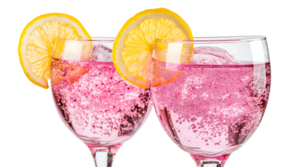 Two glasses of pink drink with a slice of lemon on top