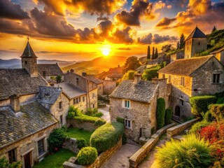 Naklejka premium Sunset Village Photography: Golden Hour Rural Scene, Idyllic Countryside, Architectural Details, Evening Light