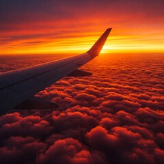 Obraz premium Air travel concept, plane wing above sunset or sunrise clouds in red color.
