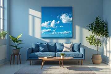 Sky Blue Wall Art for Minimalist Home Decor Featuring Natural Shadows and Lifestyle Display