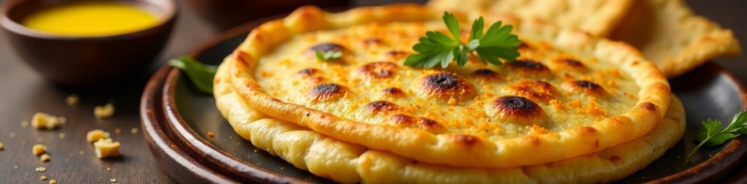 Golden brown puran poli served with melted clarified butter and crispy papad, flatbread, puran poli