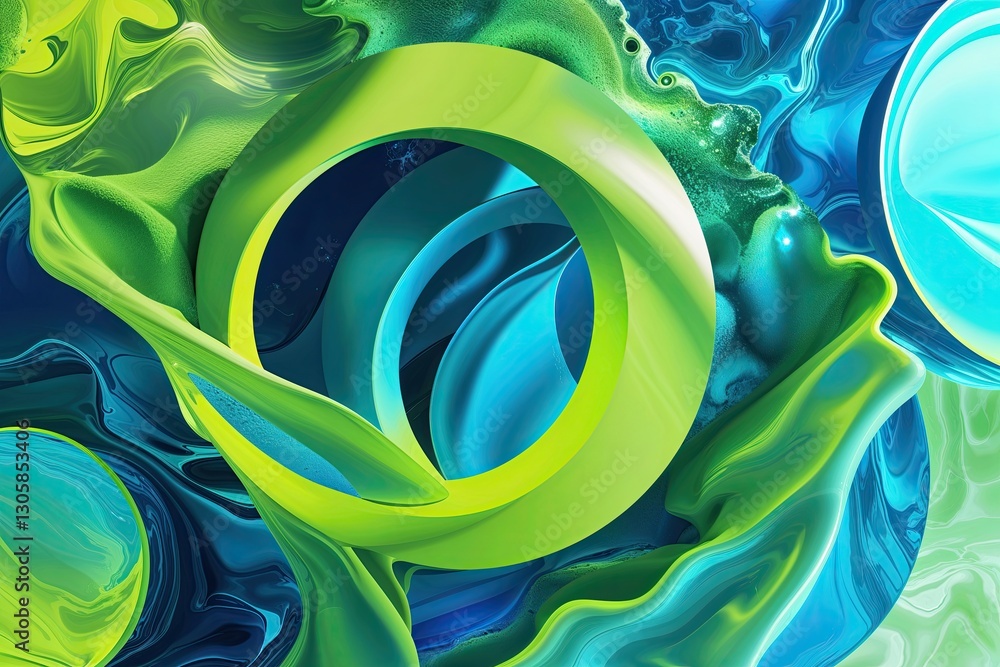 Poster vibrant circular shapes in bright lime and cyan gradient textures with dreamlike backgrounds