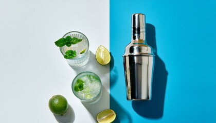 mojito cocktail bottle of bacardi white rum glass with cocktail bar accessories on double white blue background with shadow