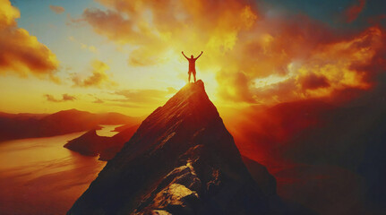 the concept of success and achievement with a powerful image of someone reaching the top of a mountain or crossing the finish line

