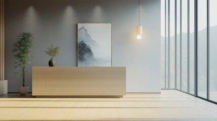 Minimalist Office reception in neutral pastel colors, light wood, watercolor zen artwork decor, airy peaceful workspace for fitness or yoga studio, spa, massage, beauty business. Calming for wellness