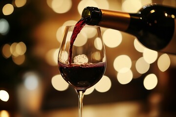 Pouring red wine into a glass with a blurred festive background of warm lights