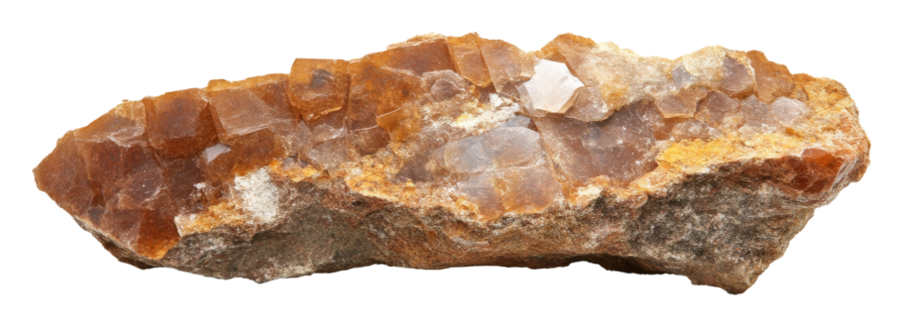 Brown crystalline mineral on transparent background, geology and natural resources concept