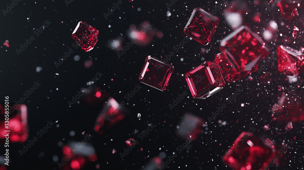 Poster crimson cubes in dynamic burst: a striking image of crimson cubes suspended in mid-air, creating a d
