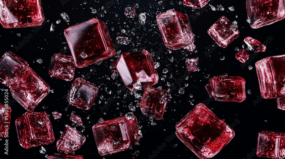 Poster crystalline ruby splash: captivating close-up showcases a dynamic array of vibrant ruby-colored suga