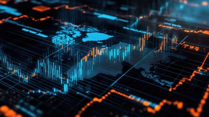 International wealth growth concept with blockchain economy, currency flow, and investment graphs.