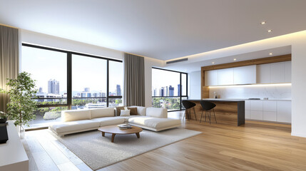 Fototapeta premium Stylish living room with breathtaking city view through large offering an urban retreat